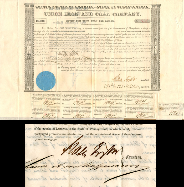 Union Iron and Coal Co. signed by Moses Taylor - $1,000 Bond